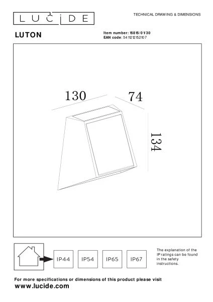 Lucide LUTON - Applique murale- Énergie Solaire - LED Dim. - 1x1W 2850K/3150K - IP54 - Détecteur Jour/Nuit - Noir - technique